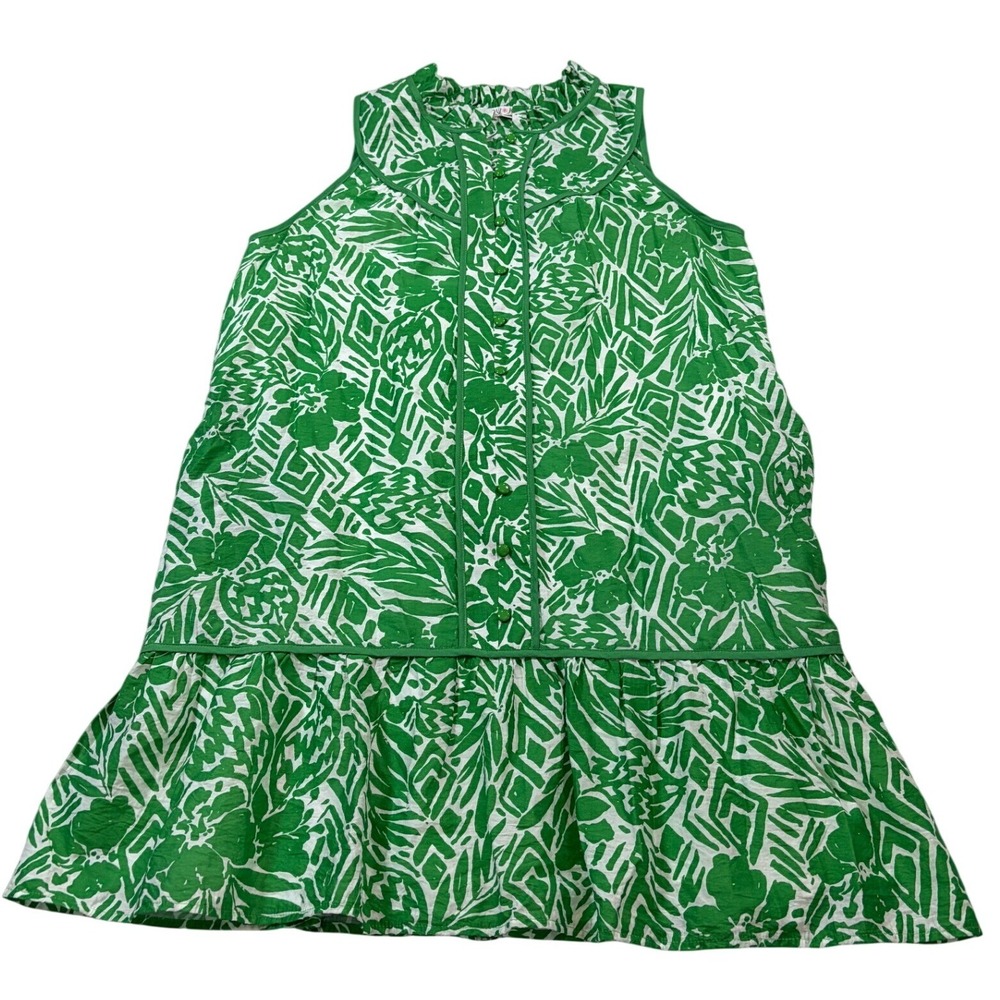 Tropical Palm Print Drop Waist Ruffle Neck Dress Sleeveless Green White Medium M